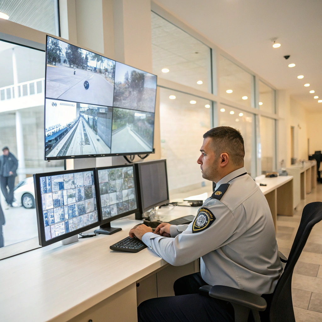 Officer checking authorized camera displays at security post