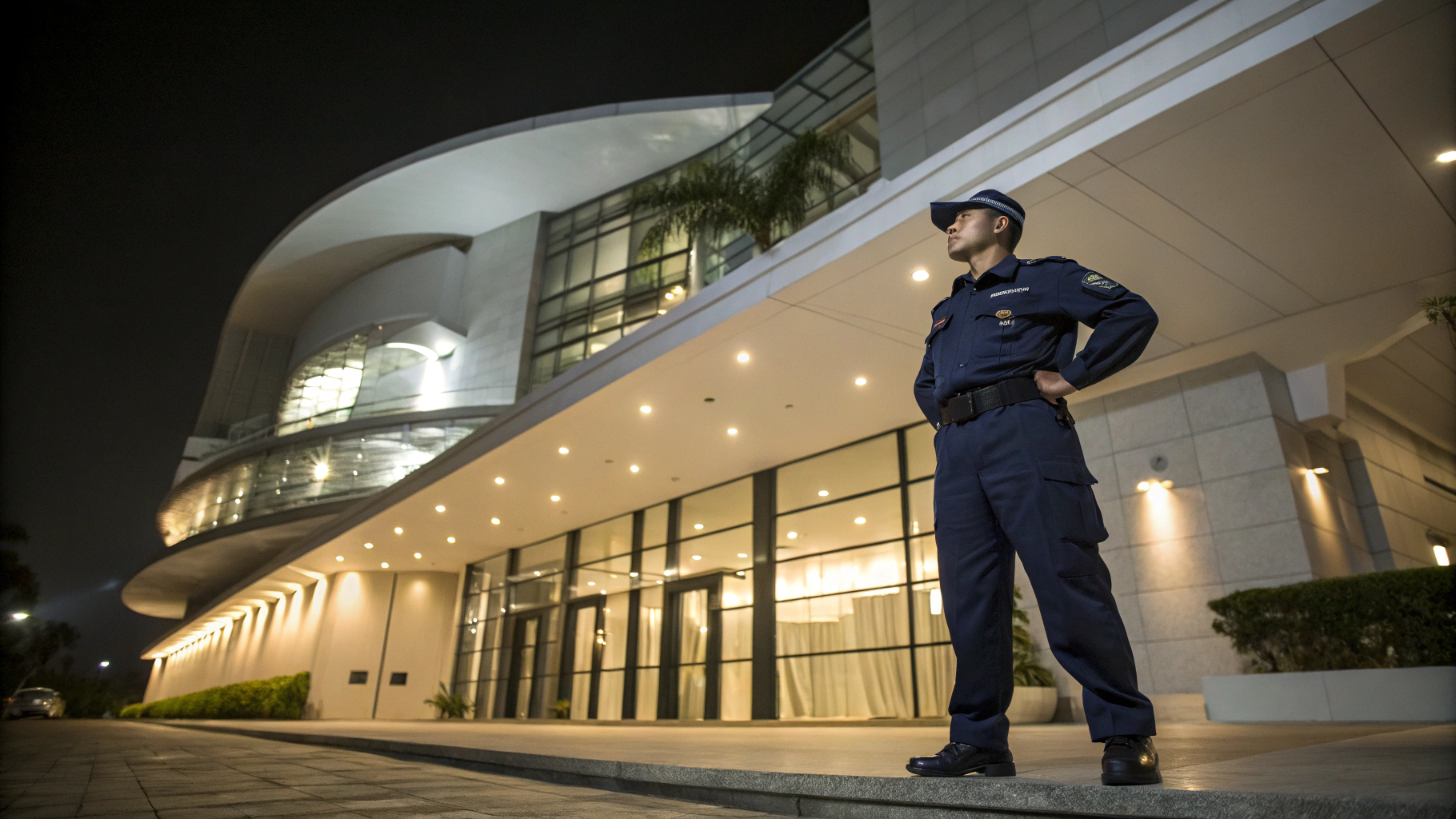 Professional security officer on duty at a modern commercial property at night