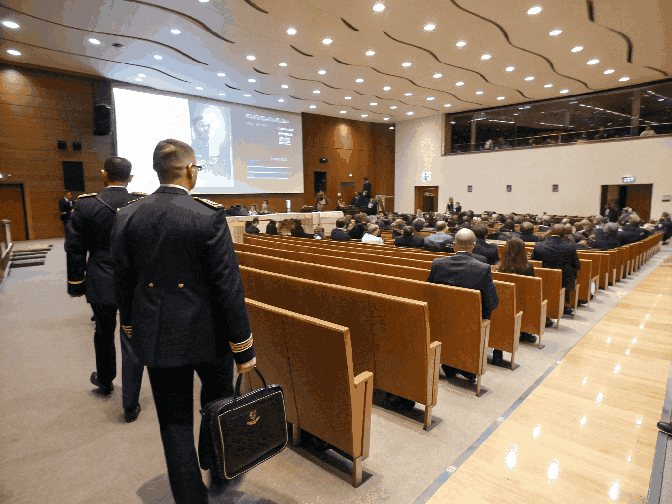 Modern convention hall with corporate presentation staging