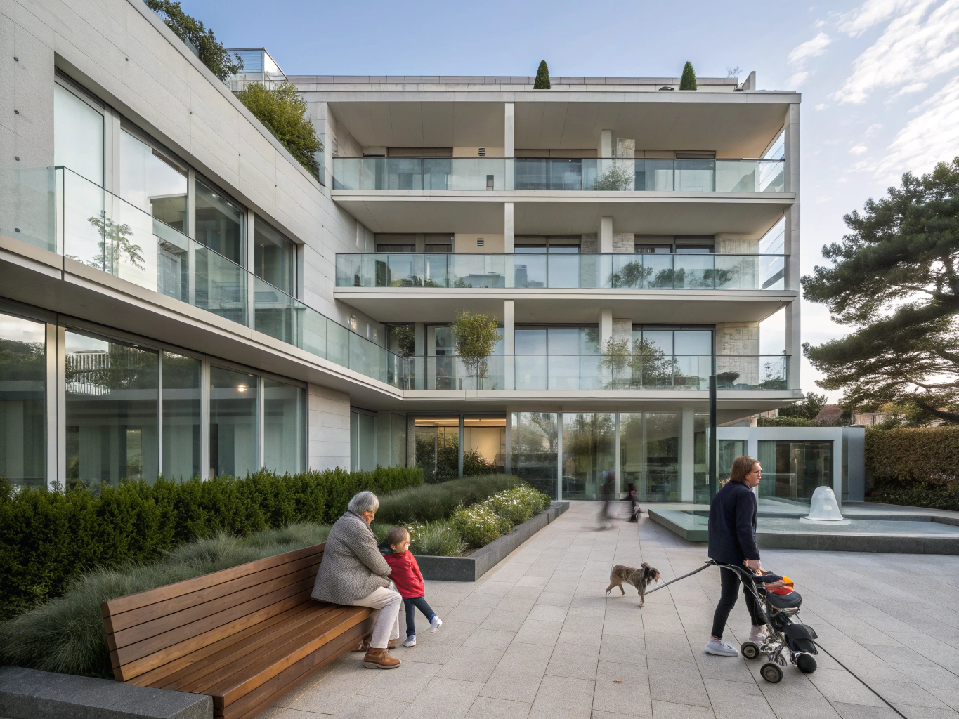 Modern apartment building courtyard with illuminated pathways and common areas