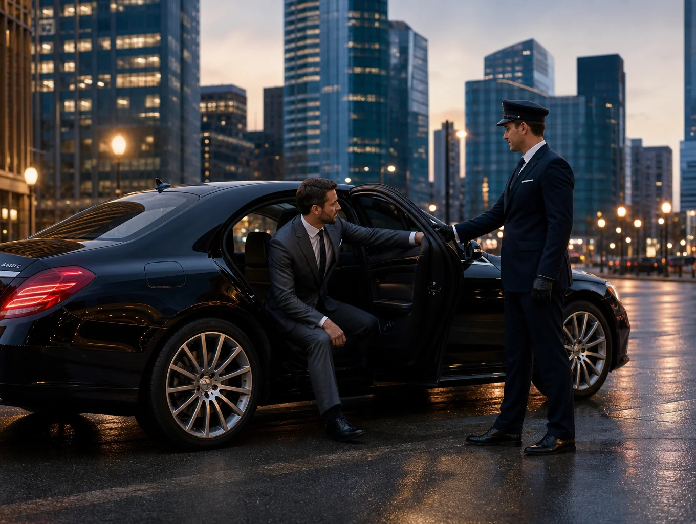 Professional executive chauffeur opening door of luxury vehicle