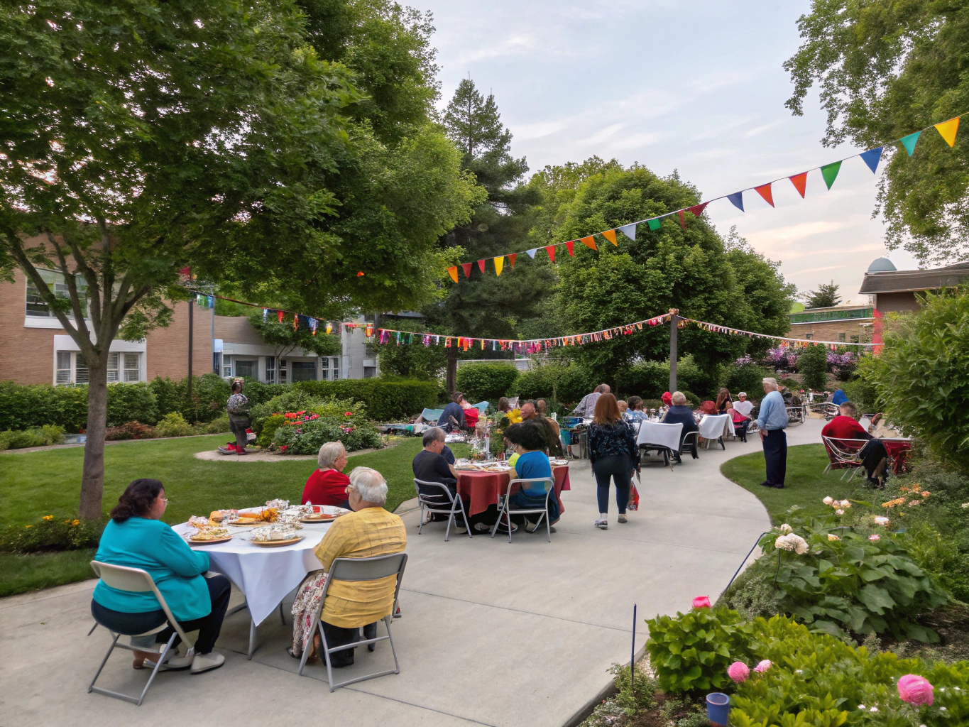 Wide neighborhood community gathering at sunset during a property safety mixer