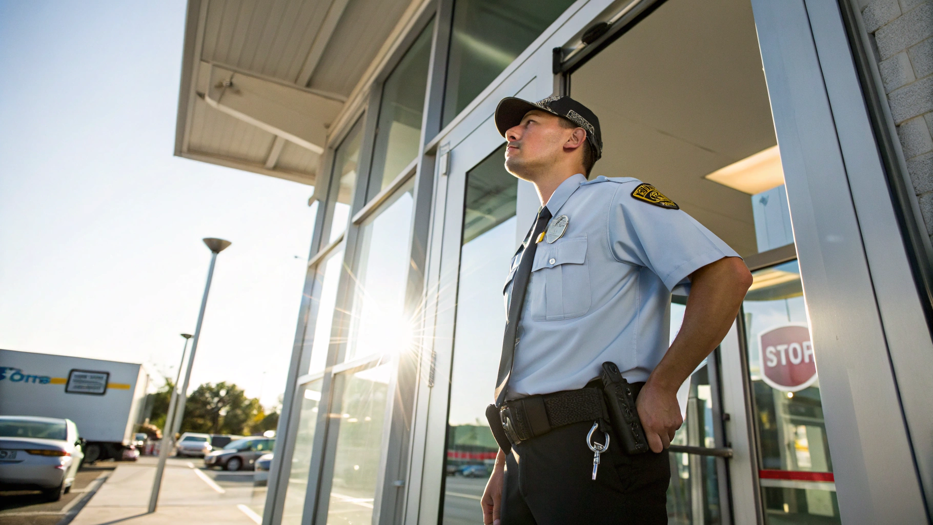 Approachable security officer greeting residents at a community gatehouse in Las Vegas