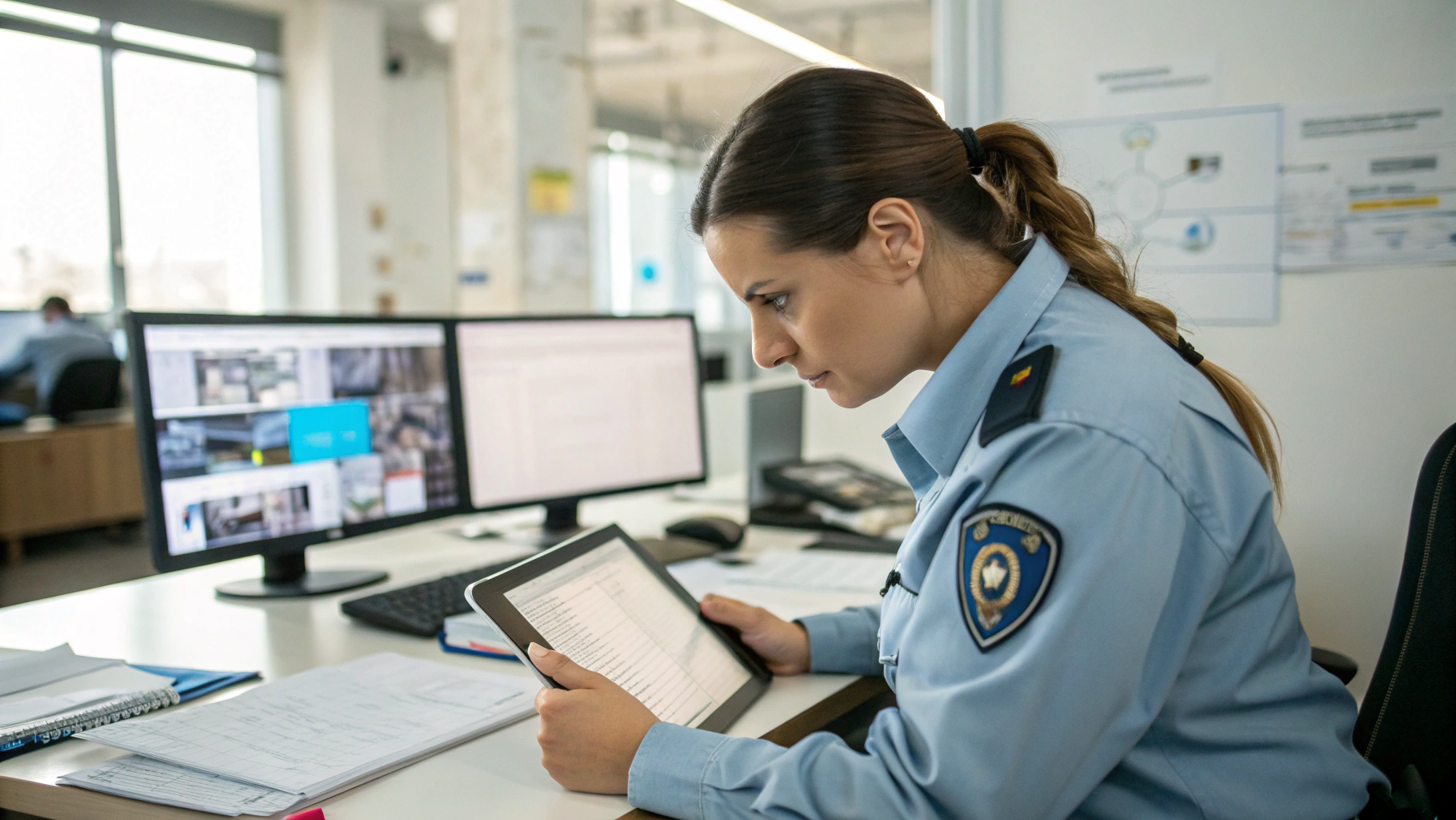 Security officer maintaining detailed patrol and incident documentation log