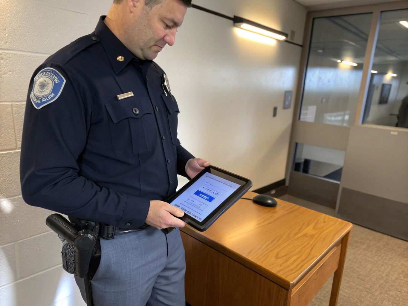 Security officer inputting patrol notes on a company digital tablet
