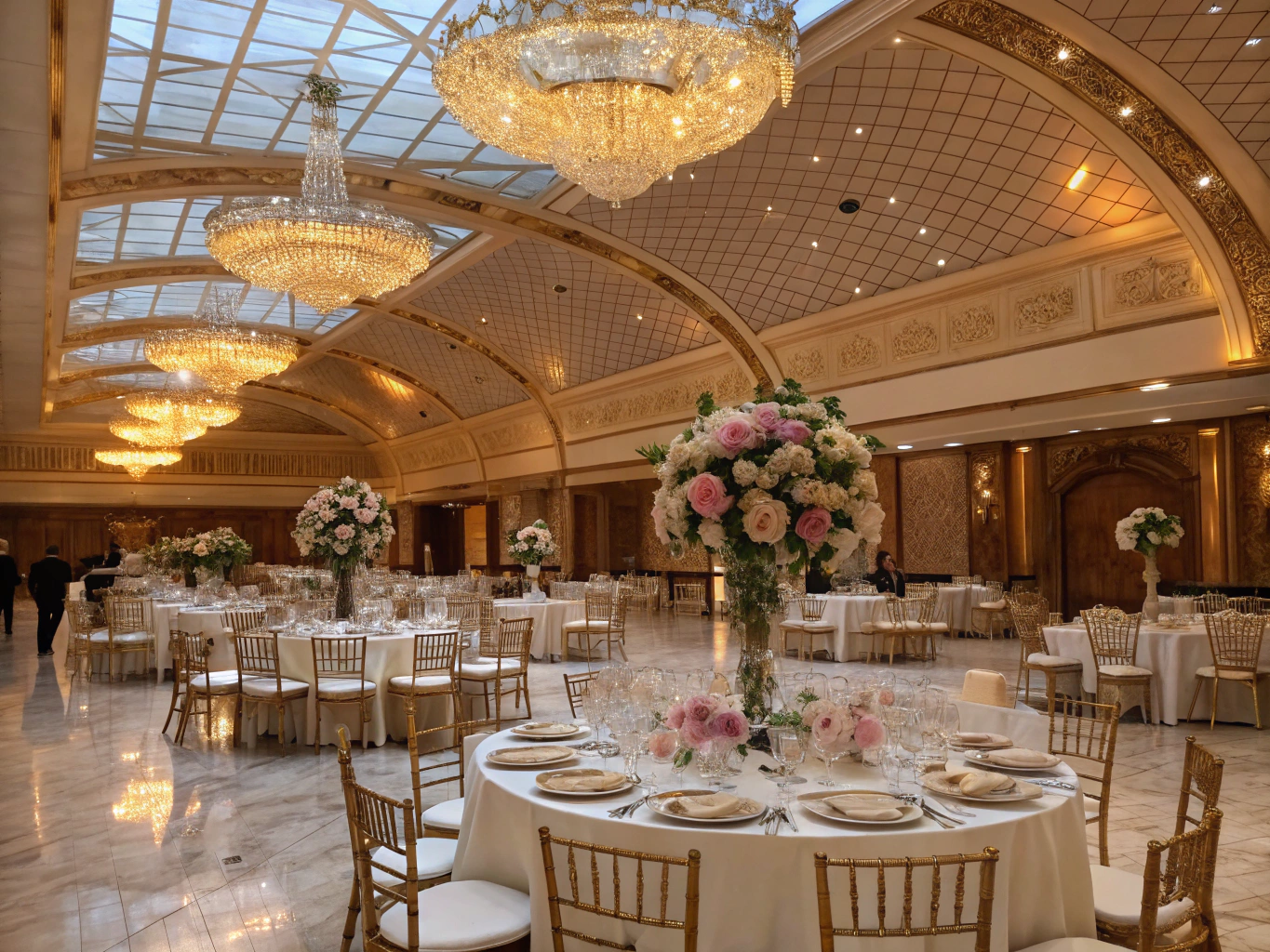 Formal wedding reception space with elegant ambient lighting