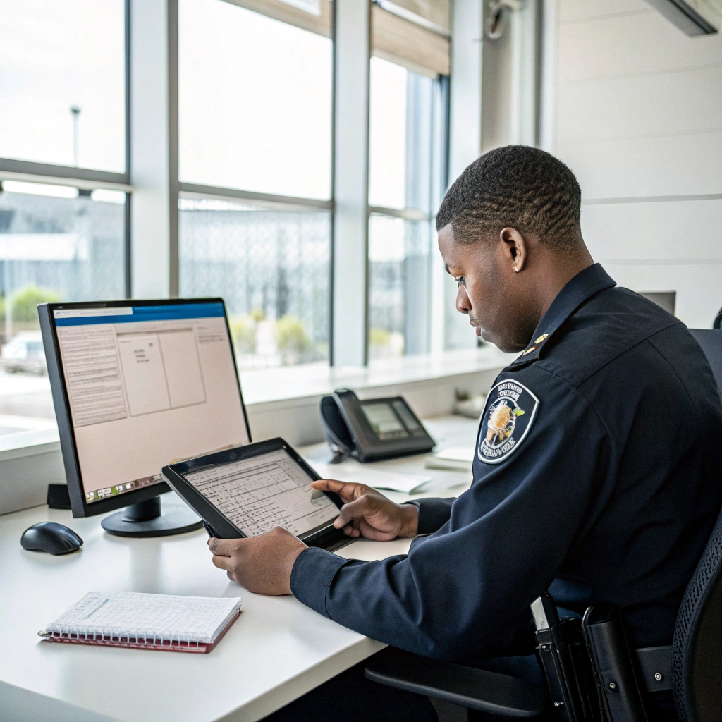 Security officer reviewing post coordination details with on-site contacts