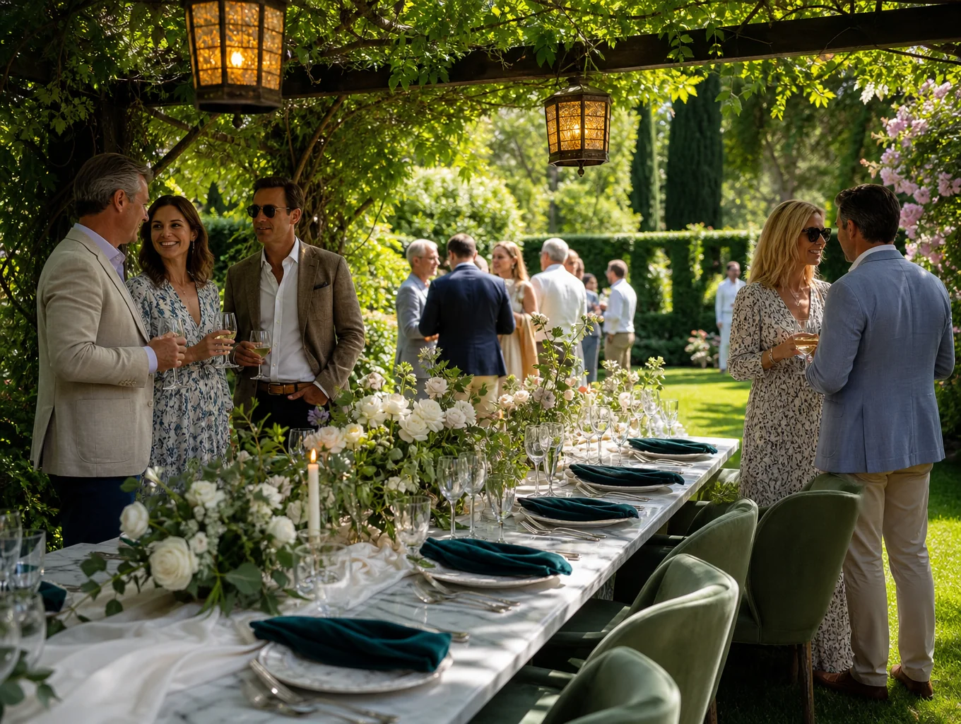 Upscale evening private gathering setting with warm garden illumination