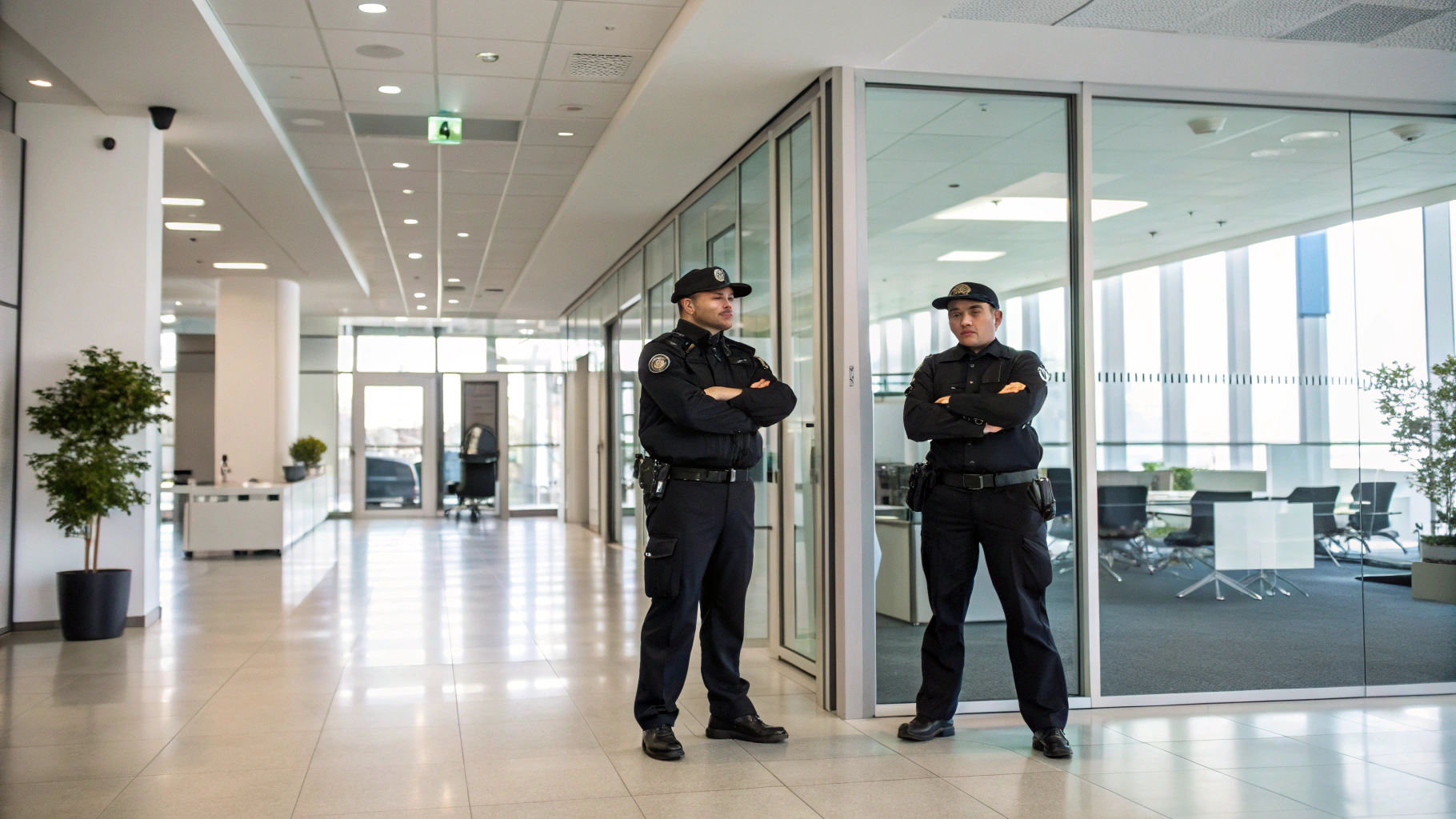 Security officer in black polo shirt speaking with property manager and client