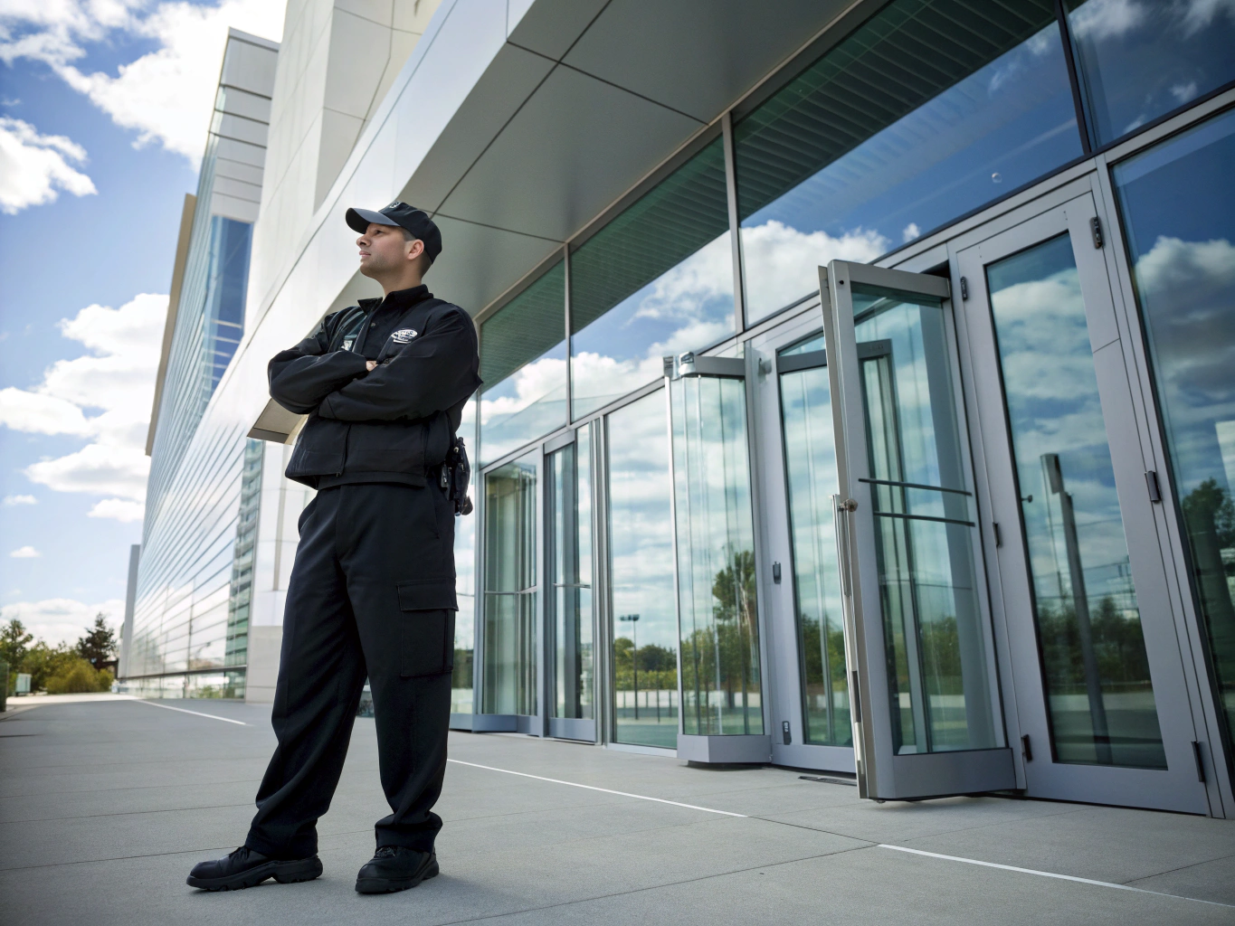 Uniformed security officer standing post at commercial property