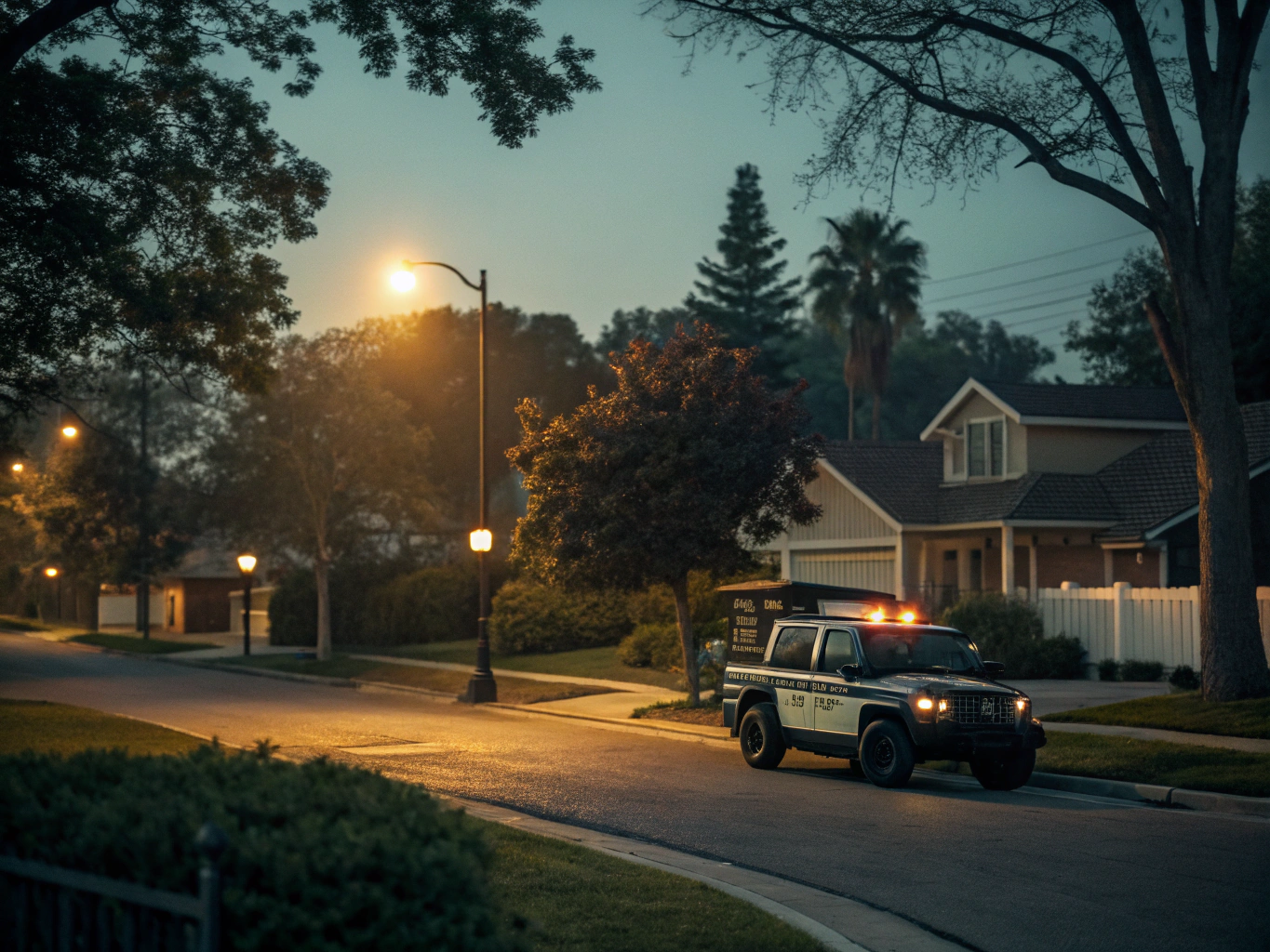 Security patrol vehicle monitoring a neighborhood community