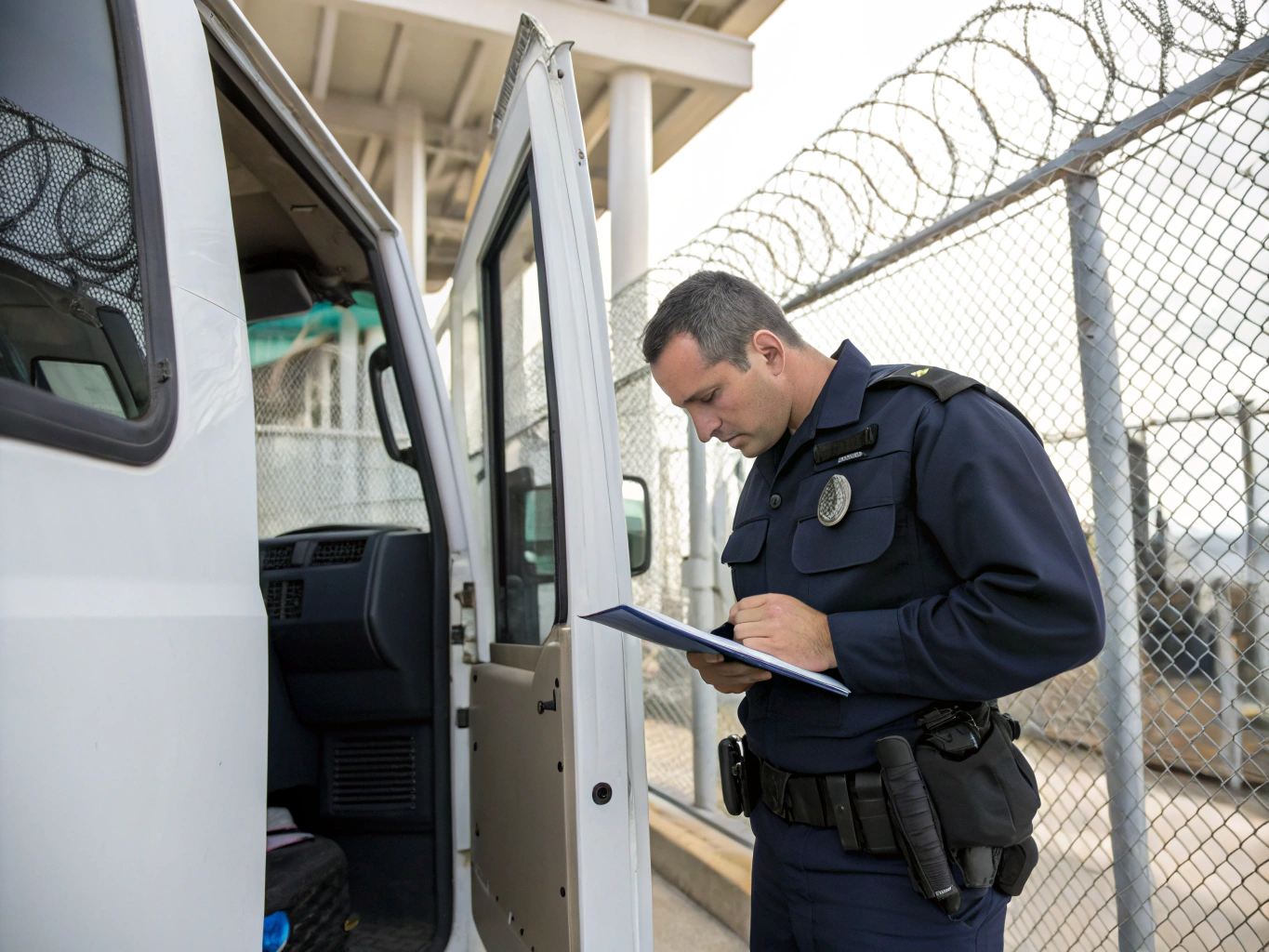 Security officer monitoring a gated neighborhood entrance