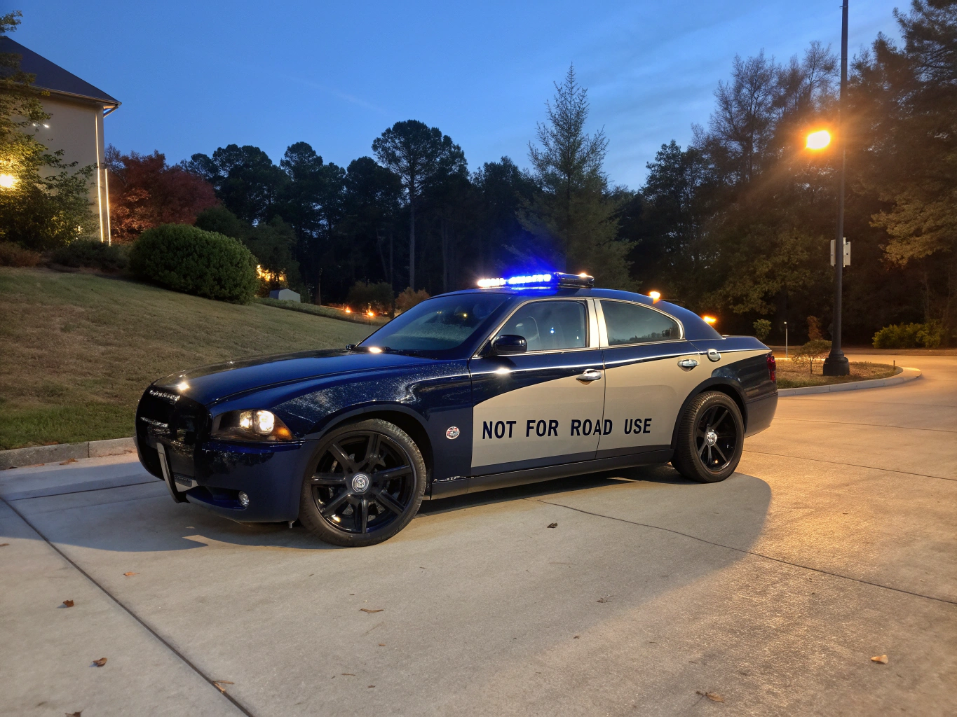 Marked security vehicle on patrol at night