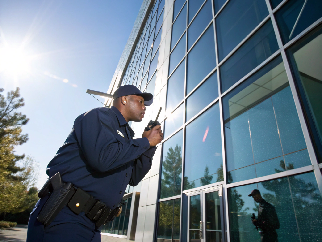 Professional security officer standing guard at a modern luxury estate